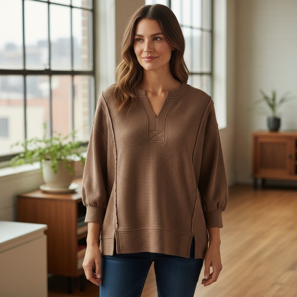 Blu Pepper Anthropologie Brown Waffle Knit Thermal Puff Sleeve Top B4FT1077 L